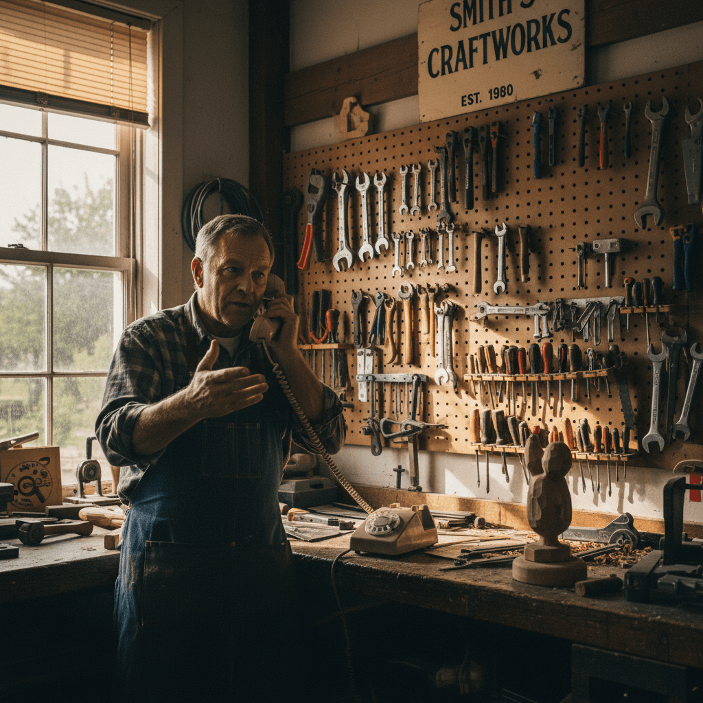 Small business owner answering a phone in a workshop with tools on the wall