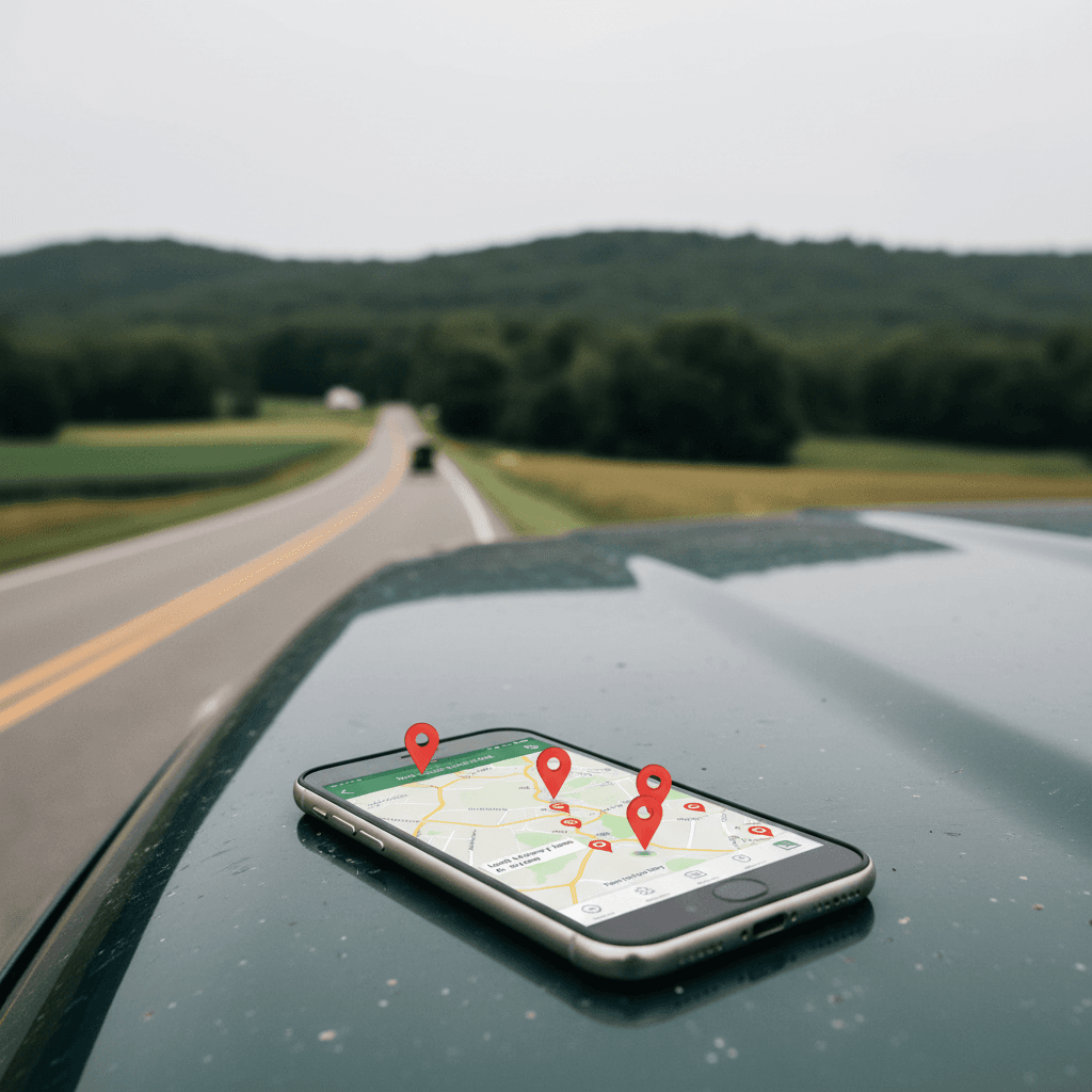 Smartphone on a pickup truck hood displaying a map with local business pins