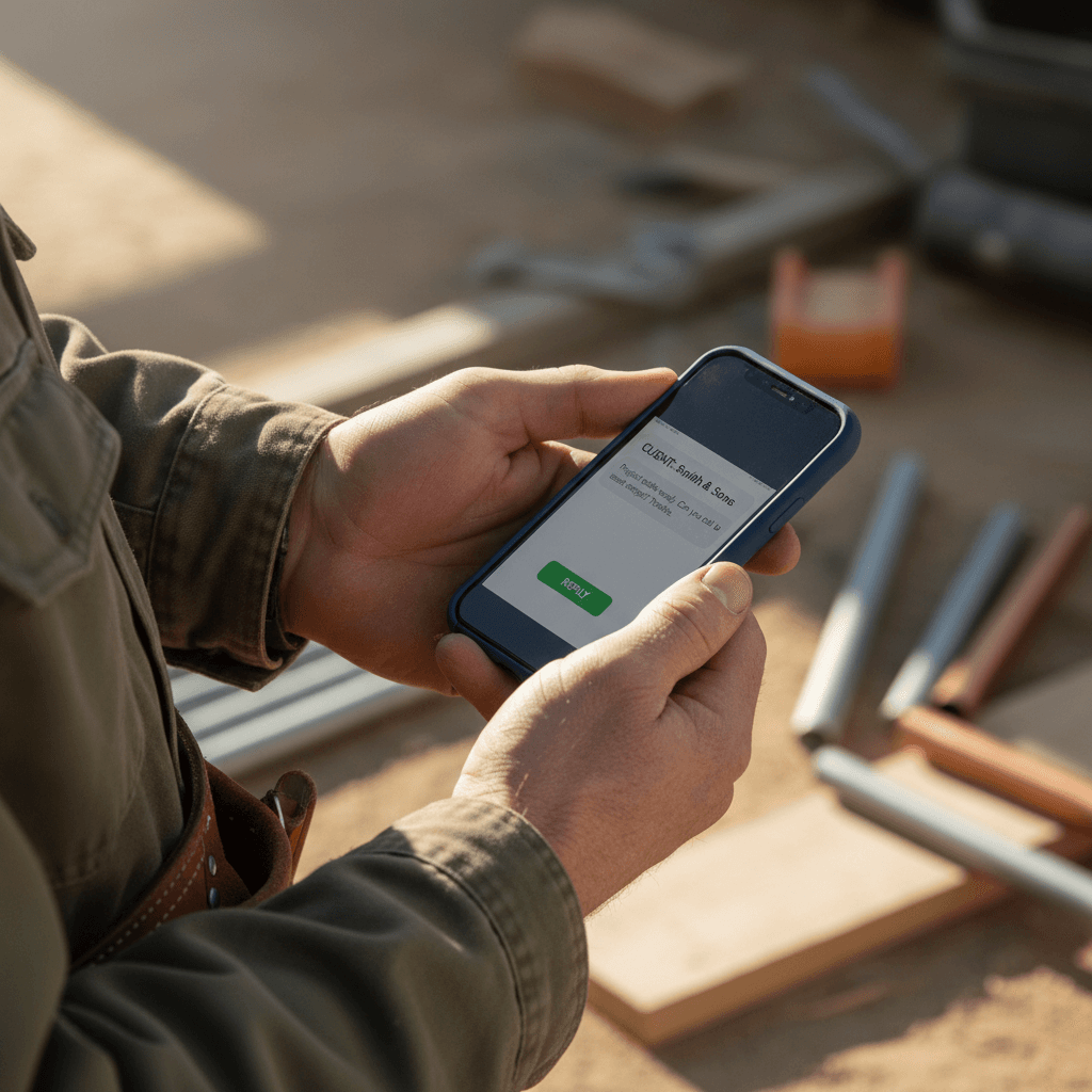 contractor holding a smartphone showing a simple website