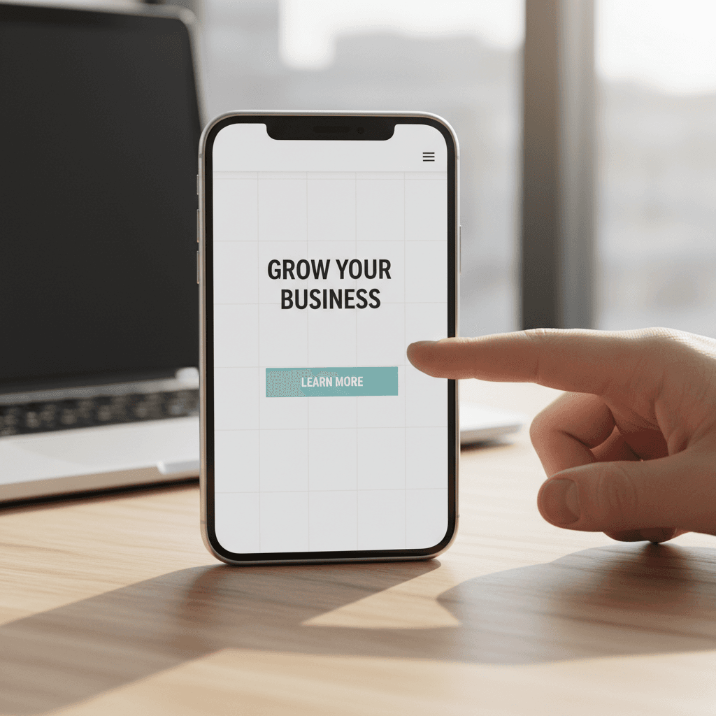 Gloved hand holding a smartphone displaying a responsive website