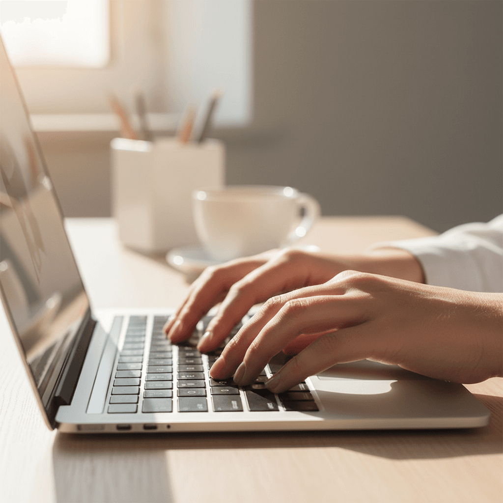 person's hands typing on a laptop with a website editor on screen