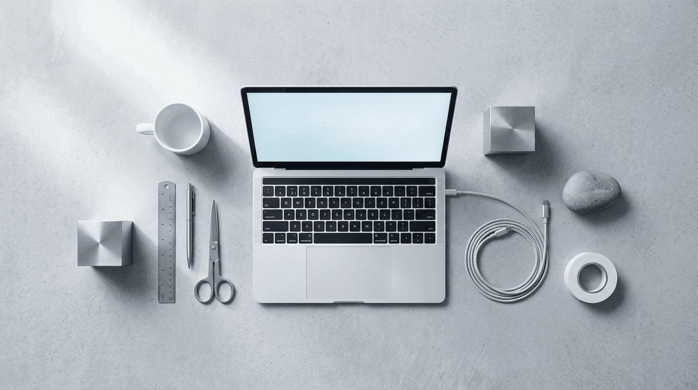 laptop on a workbench next to a hard hat and work gloves