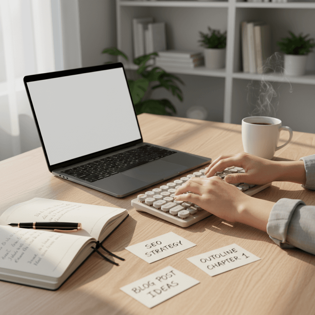 Hands writing on a project checklist next to a laptop