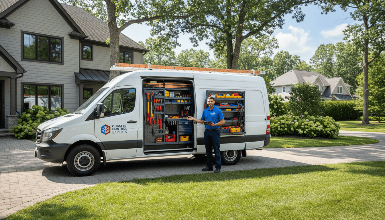 HVAC service van parked at a home