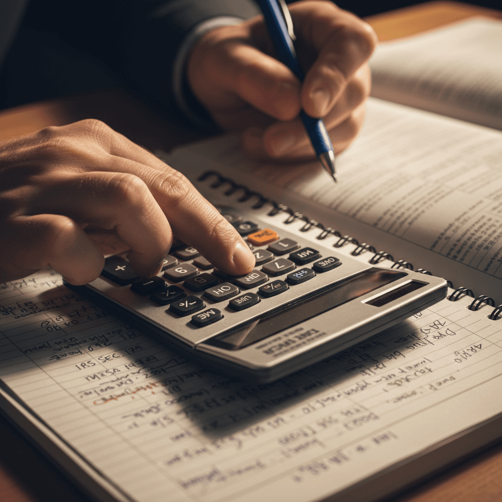 Hands reviewing a printed estimate with a calculator and pen on a workbench