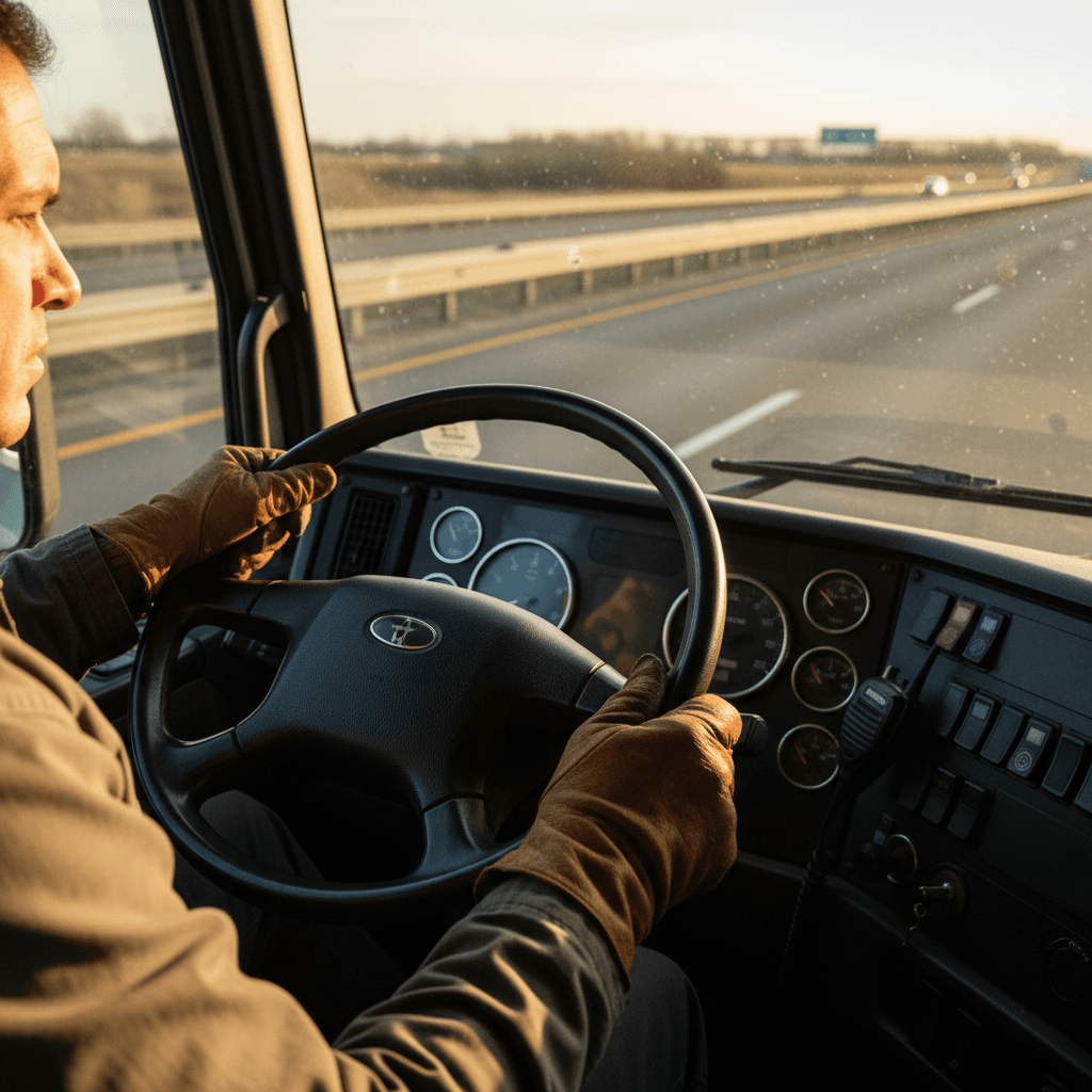 Tradesperson checking a phone in a work truck